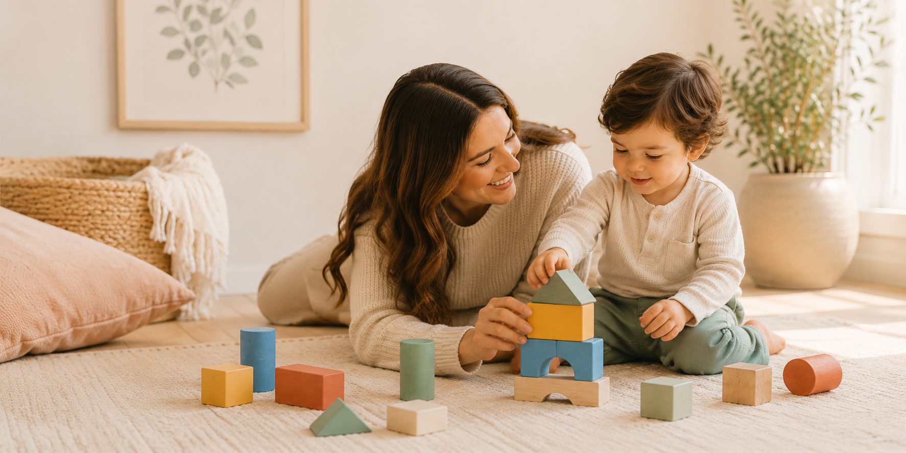 A woman and a young boy playing with colorful wooden building blocks on a beige carpet in a well-lit room with a large plant and framed artwork in the background.