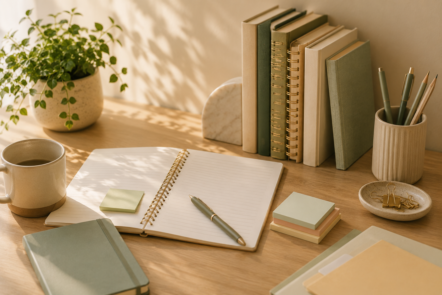 A tidy desk with a potted plant, a coffee cup, a notebook, sticky notes, stacked notebooks, a pen, and a cup holding pens and pencils, illuminated by natural sunlight.