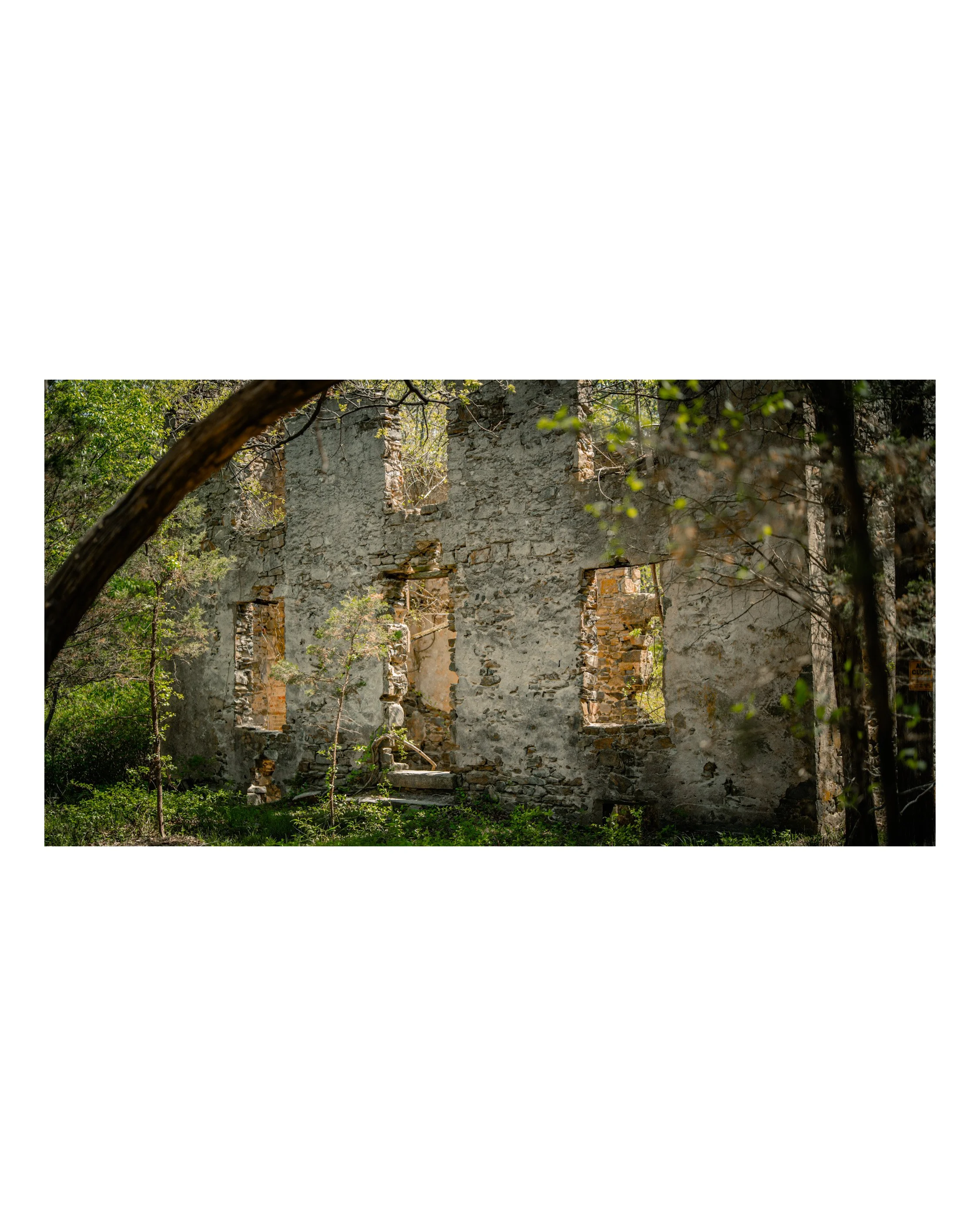 Ruins of a stone building with multiple window openings, surrounded by trees and green foliage.