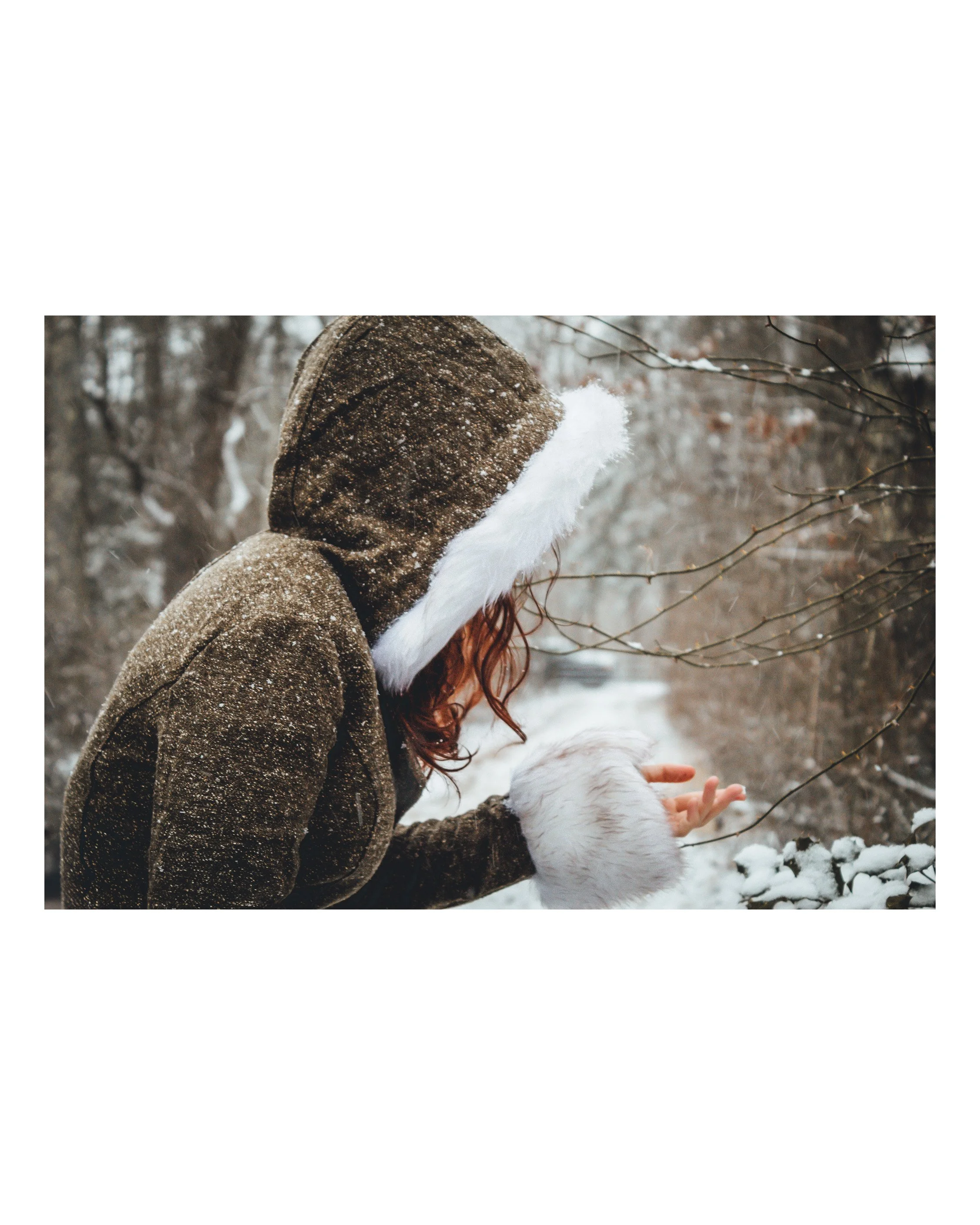 A woman in a brown hooded coat holding a white fox in a snowy forest.