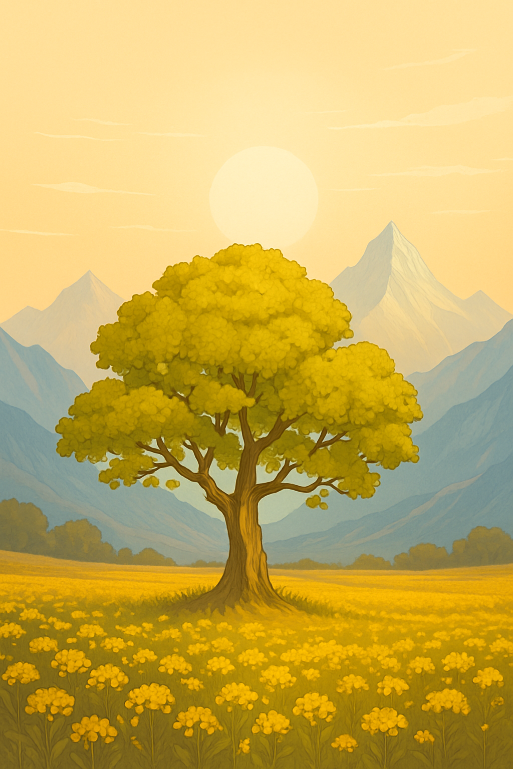 A yellow-leaved mustard tree in a field of yellow flowers, with mountains and a setting sun in the background.