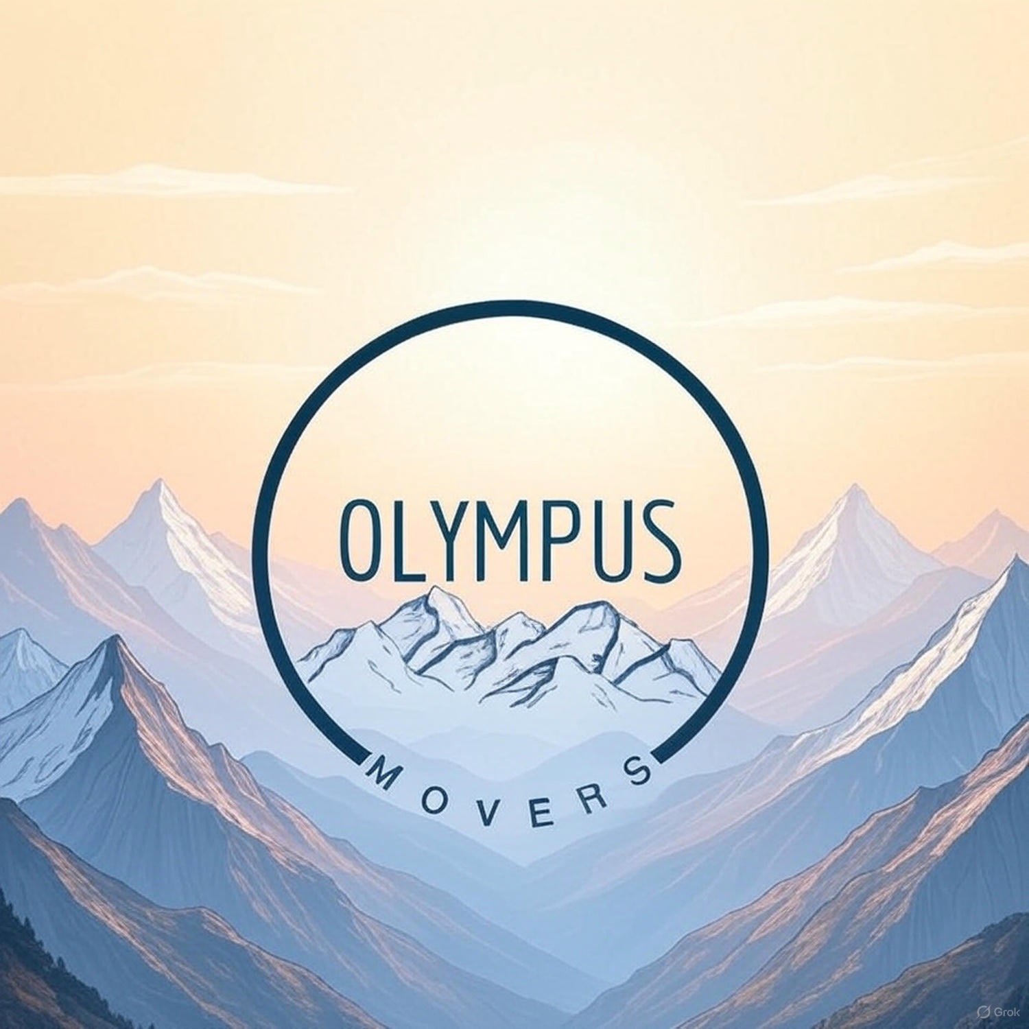 Illustration of mountains with a circular logo in the center that has the word 'OLYMPUS' and the phrase 'MOVERS' below it, set against a sky background with clouds.