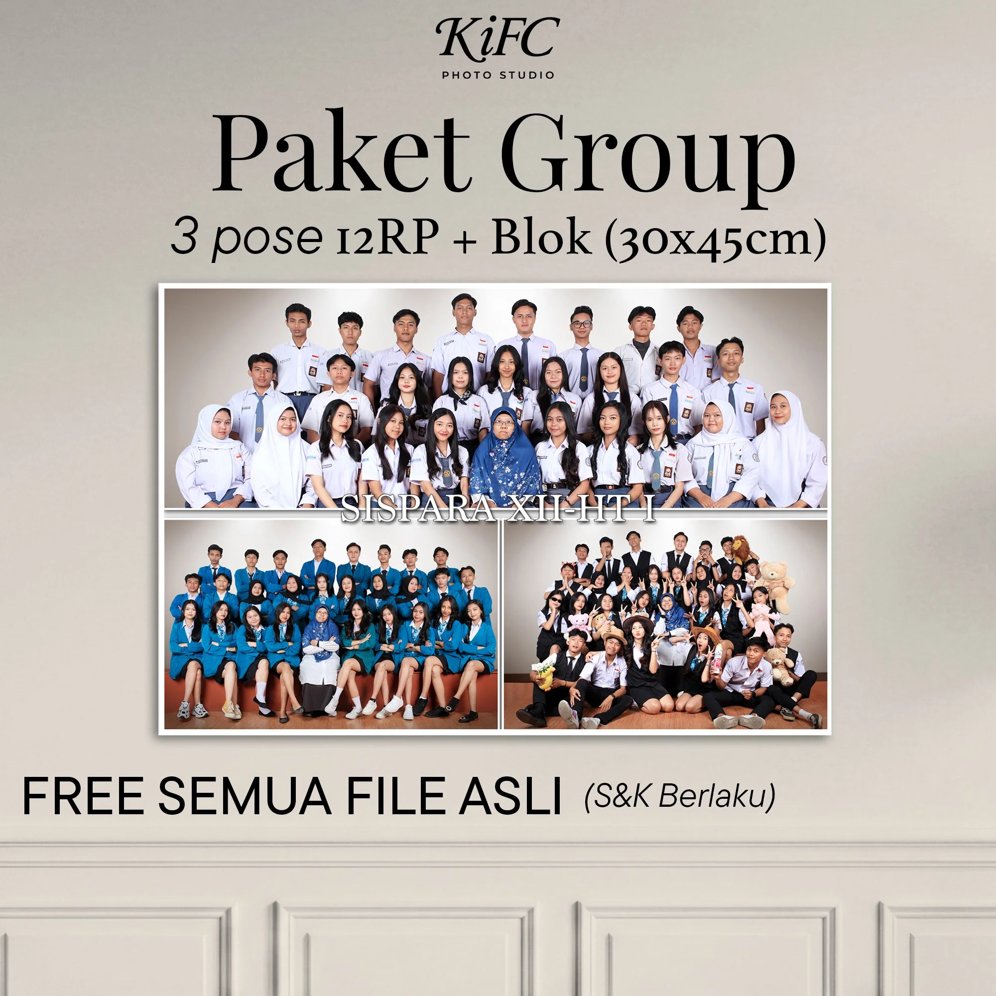 Foto Studio Group 3 Pose ukuran 12RP + Blok  (diatas 10 orang) - IDR 90.000/org