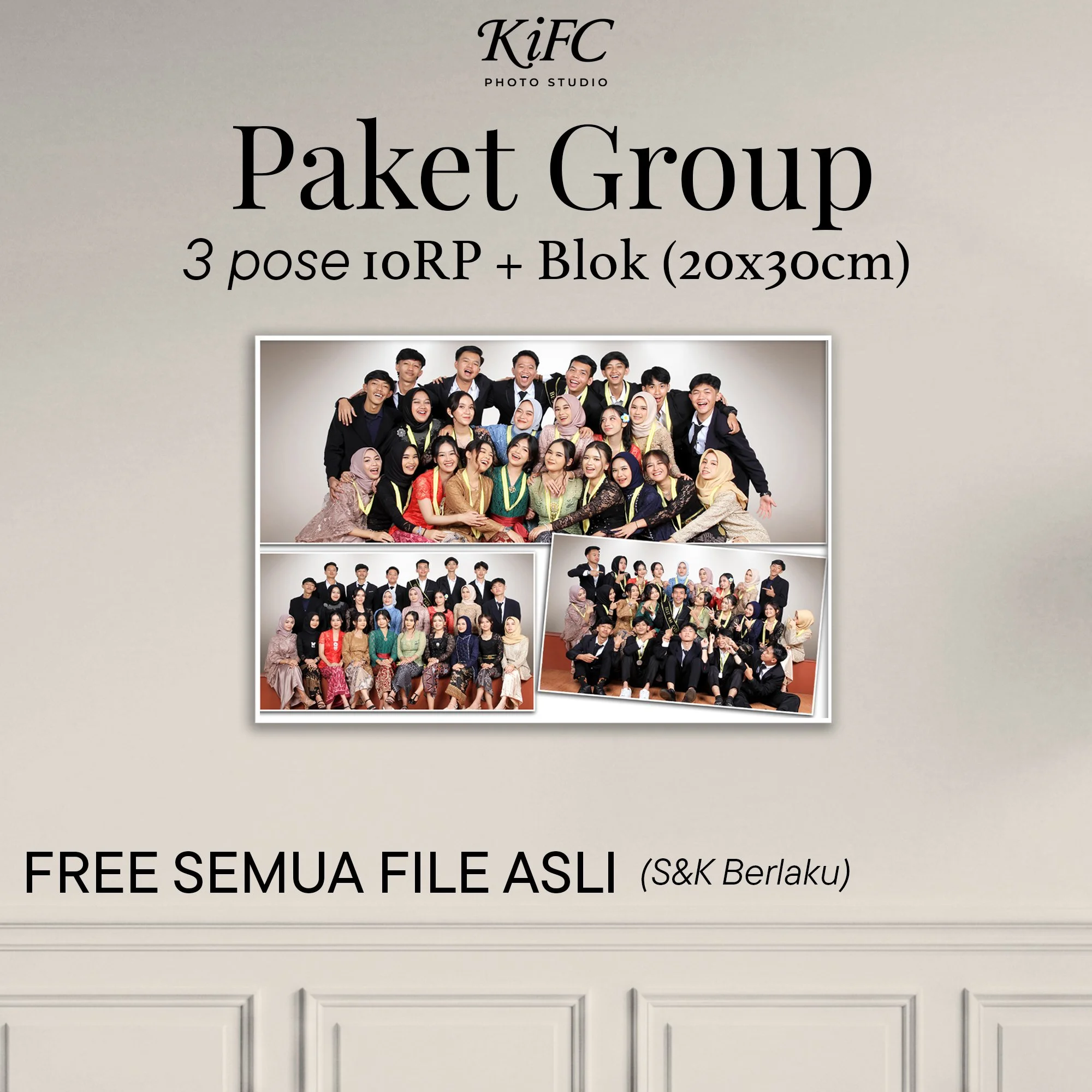 Foto Studio Group 3 Pose ukuran 10RP + Blok  (diatas 10 orang) - IDR 60.000/org