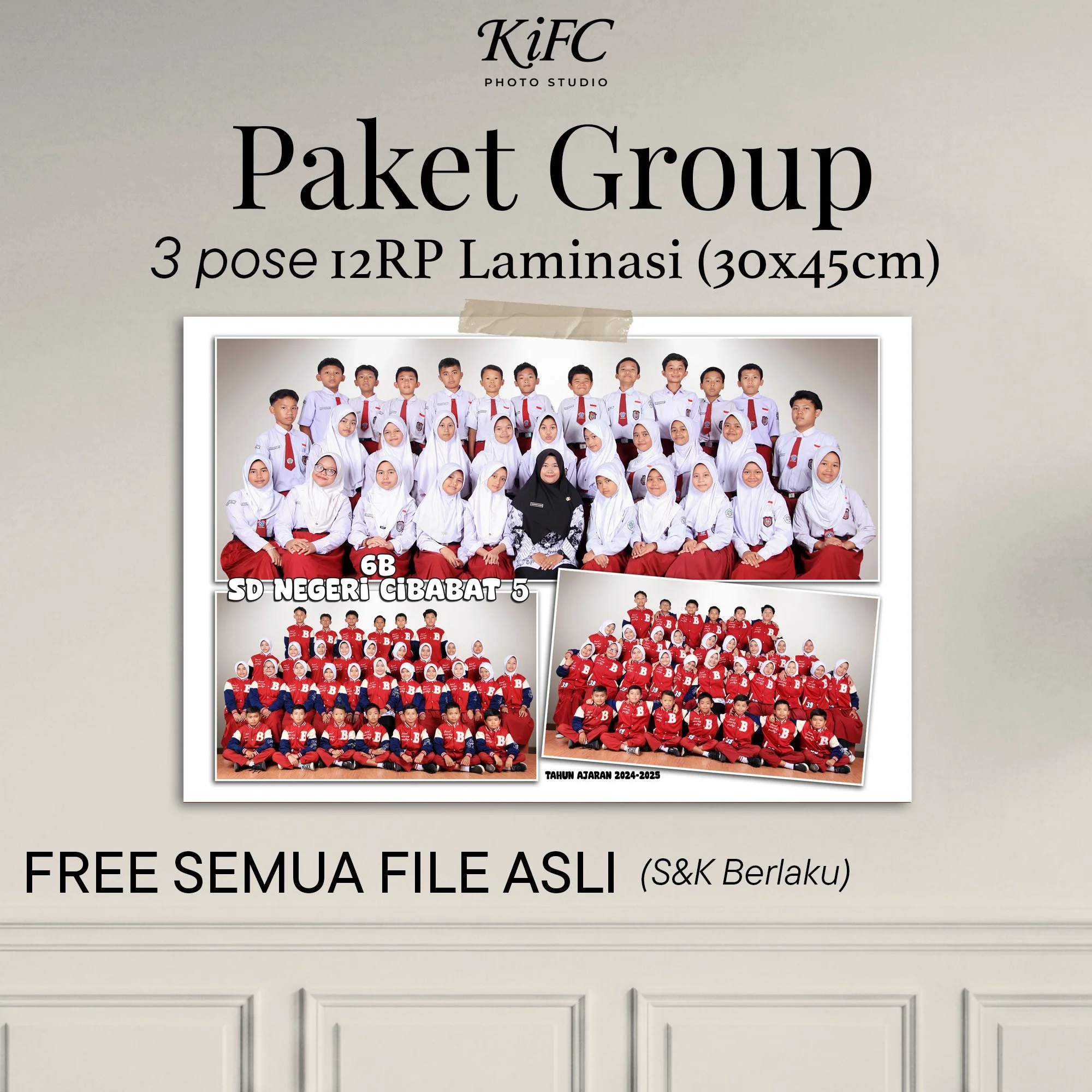 Foto Studio Group 3 Pose ukuran 12RP + Laminasi (diatas 10 orang) - IDR 75.000/org