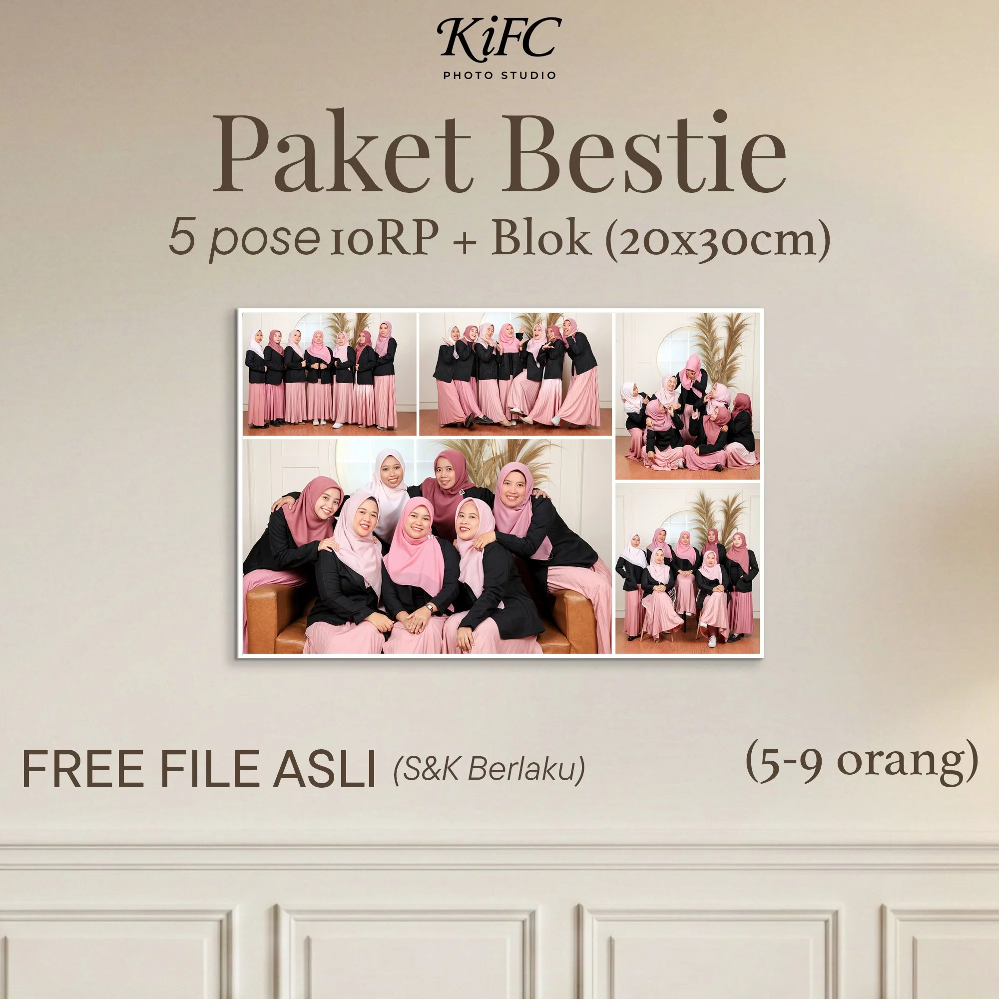 Foto Studio Bestie 5 Pose ukuran 10RP + Blok  (3-9 orang) - IDR 60.000/org