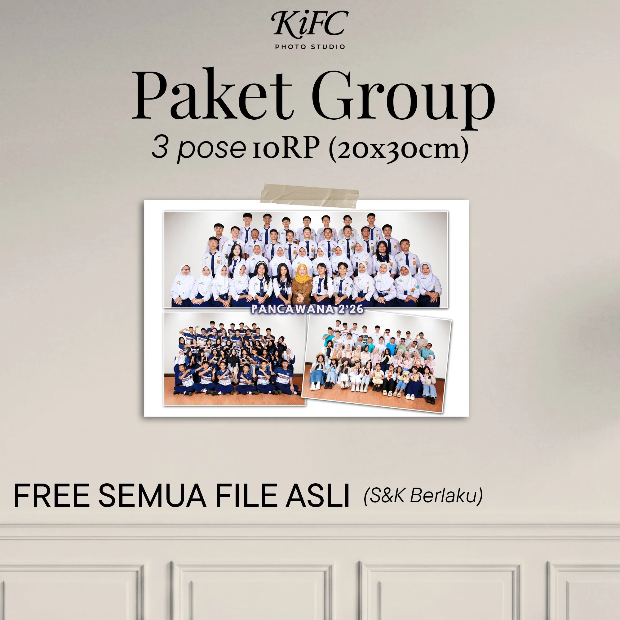 Foto Studio Group 3 Pose ukuran 10RP  (diatas 10 orang) - IDR 40.000/org