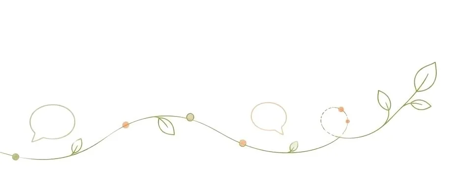 Simple line drawing of a plant with leaves and small colored circles, with speech bubbles above the plant.