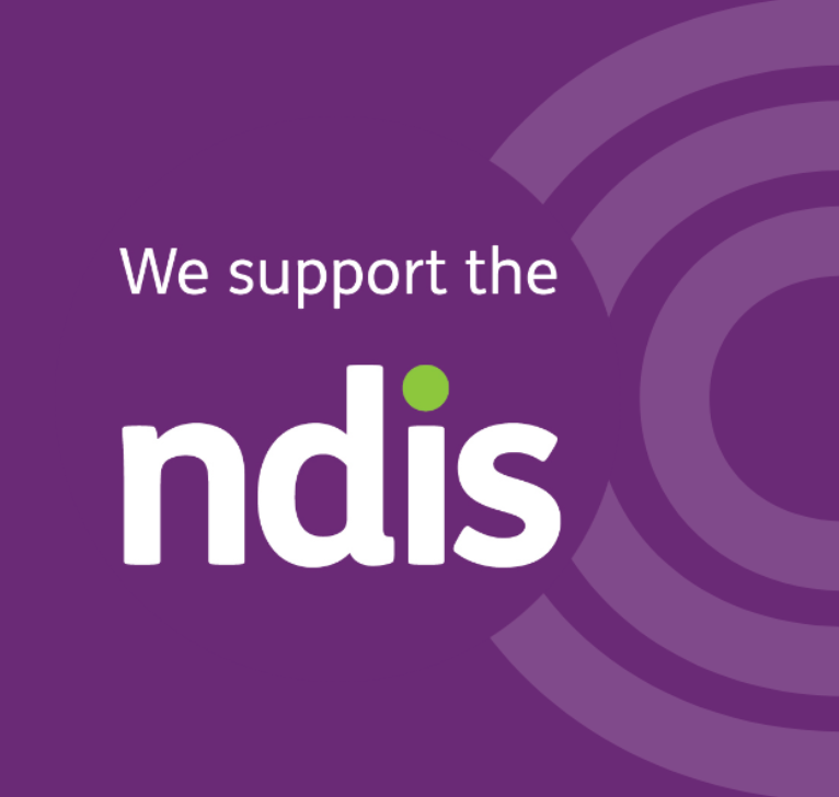 Purple background with the text "We support the ndis" and a graphic design of concentric circles on the right side.