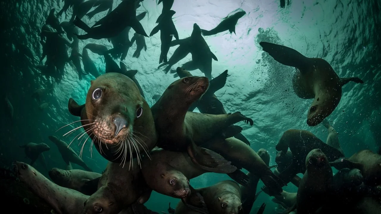 Underwater scene with a school of seals swimming, some close to the camera and others in the background.