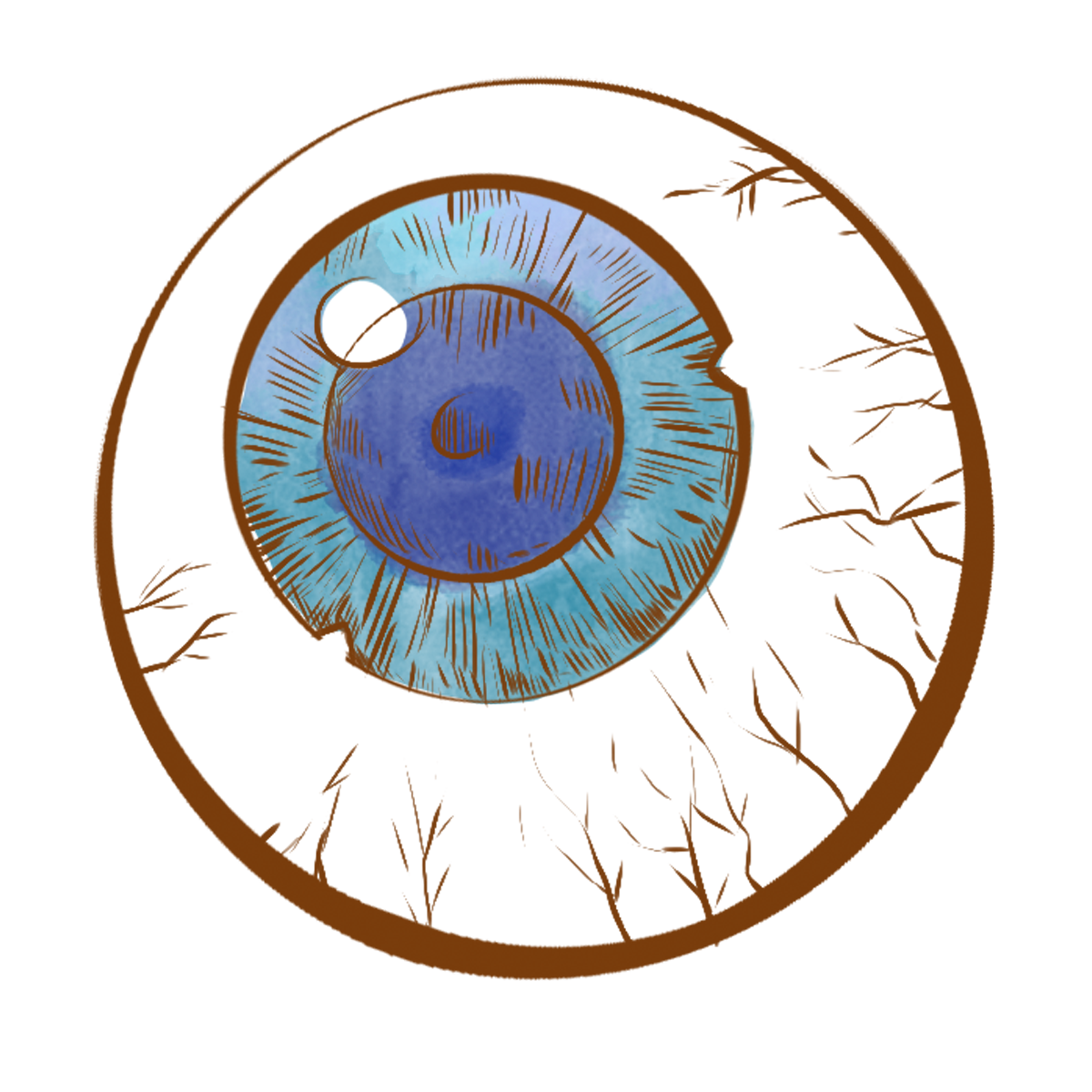 Close-up illustration of a blue human eye with detailed textures, a white sclera, and surrounding brown eyelid with visible eyelashes.