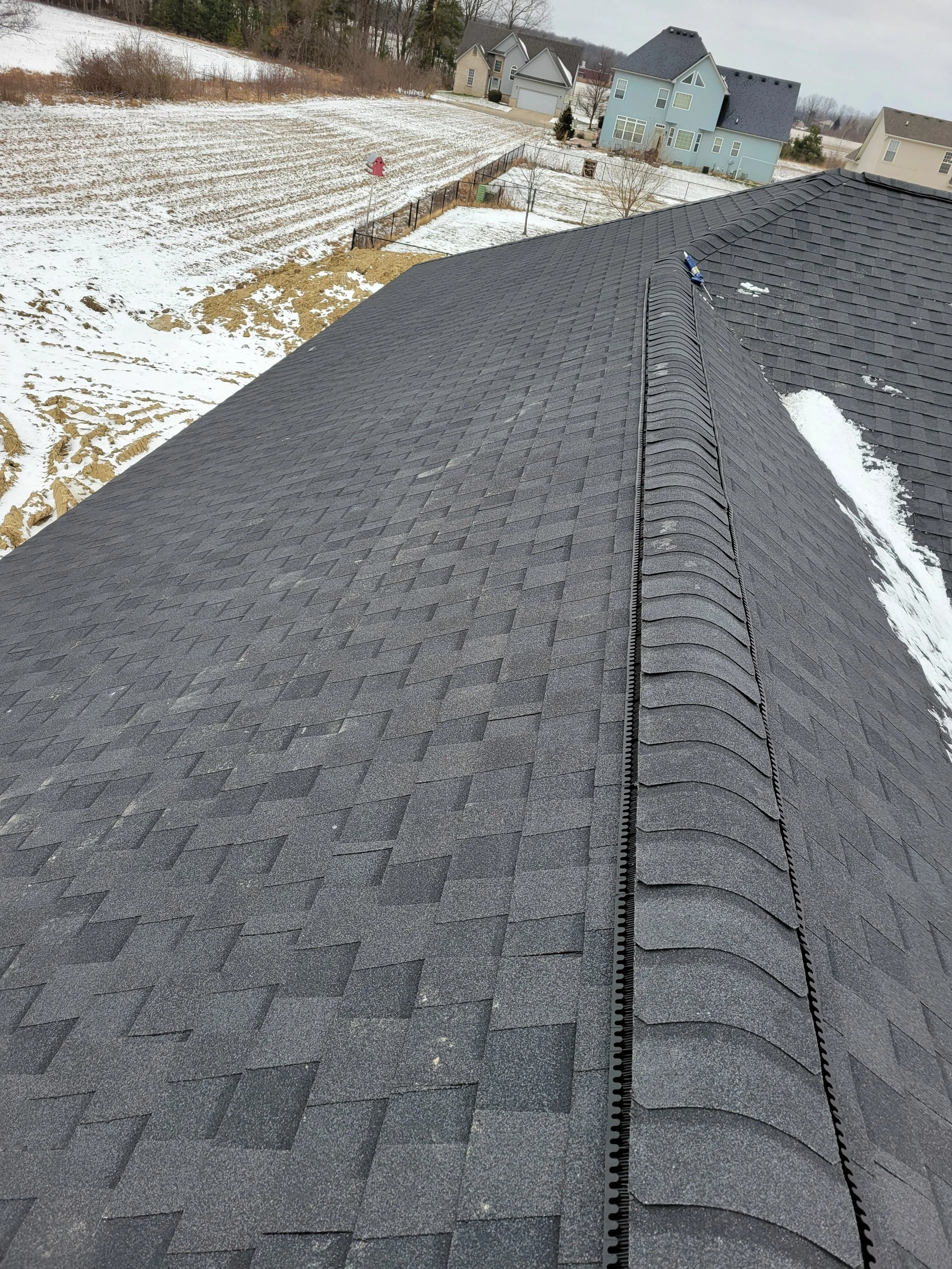 The image shows the view from the roof of a house, covered in black asphalt shingles, with a snow-covered yard and neighboring houses in the background.