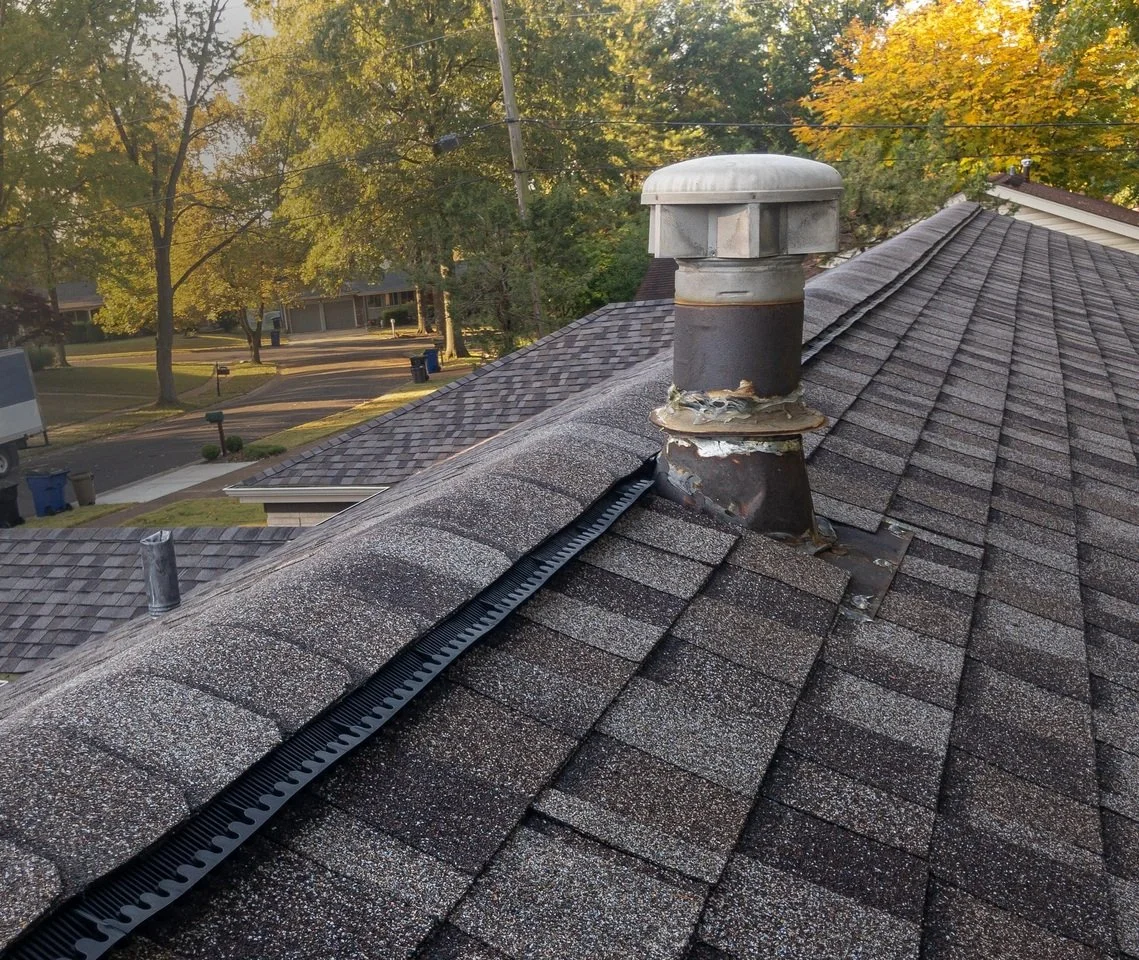 View of a residential roof with asphalt shingles, a metal chimney cap, and a roof vent. Trees with fall foliage and part of neighborhood street are visible in the background.