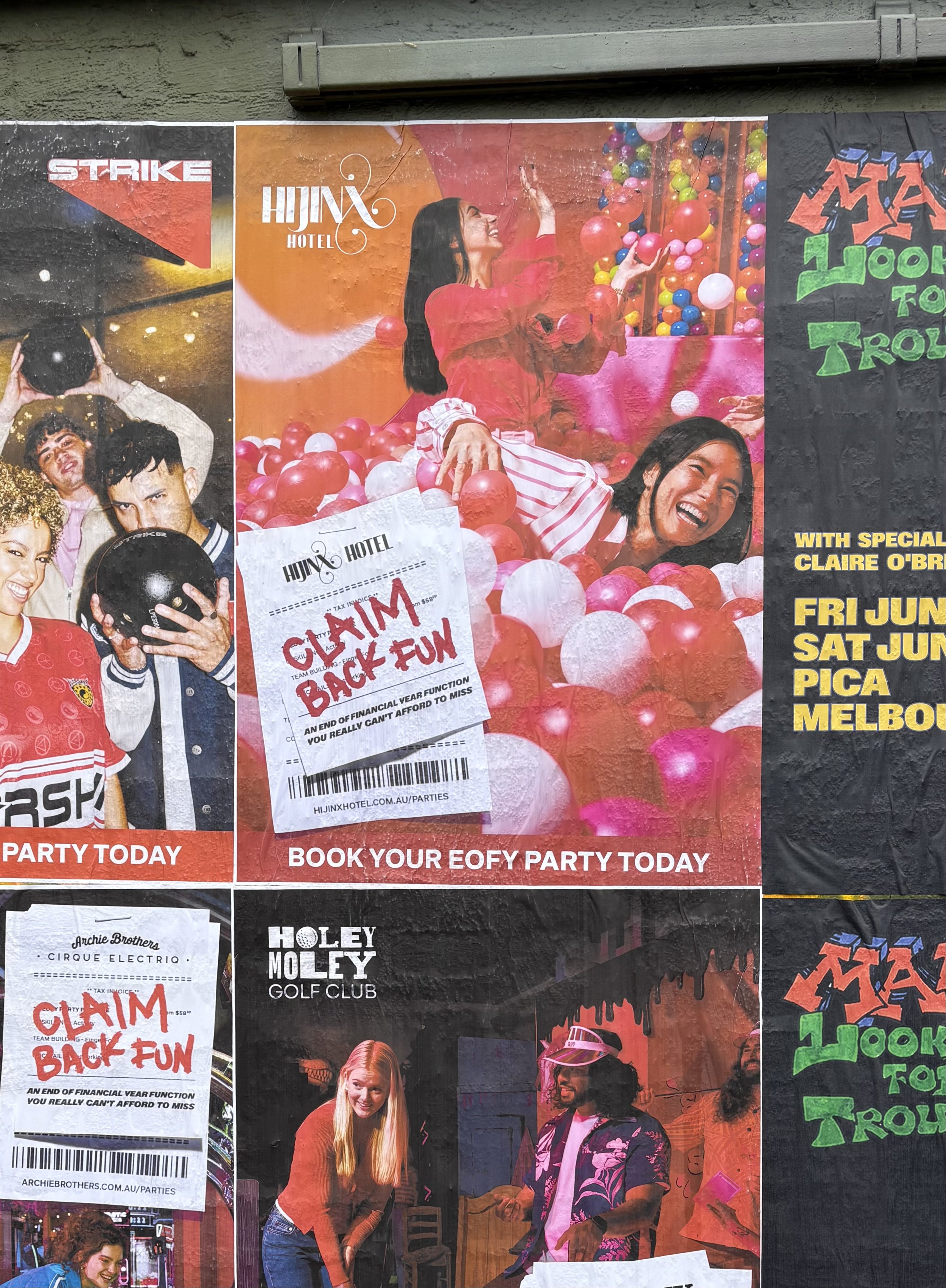 Posters advertising various events and parties, including a woman playing with colorful balls at a hotel, people holding bowling balls, and a celebration poster with smiling individuals.