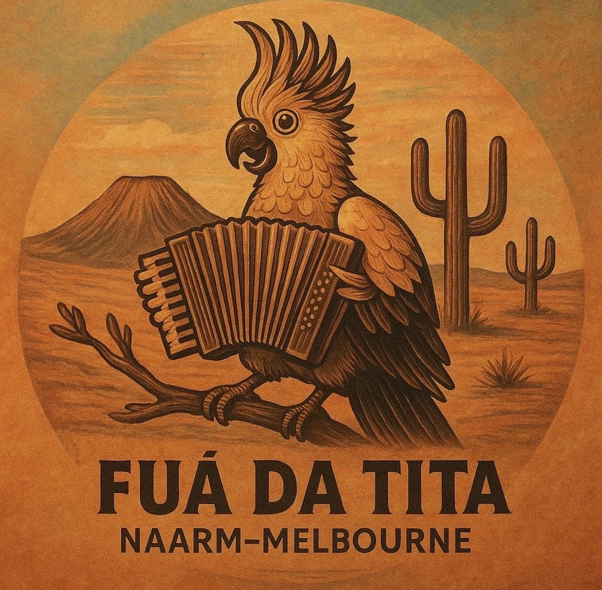 Artwork of a cockatoo playing an accordion, sitting on a branch in a desert landscape with cacti and a mountain, with the text 'Fuá da Tita Naarm-Melbourne'.