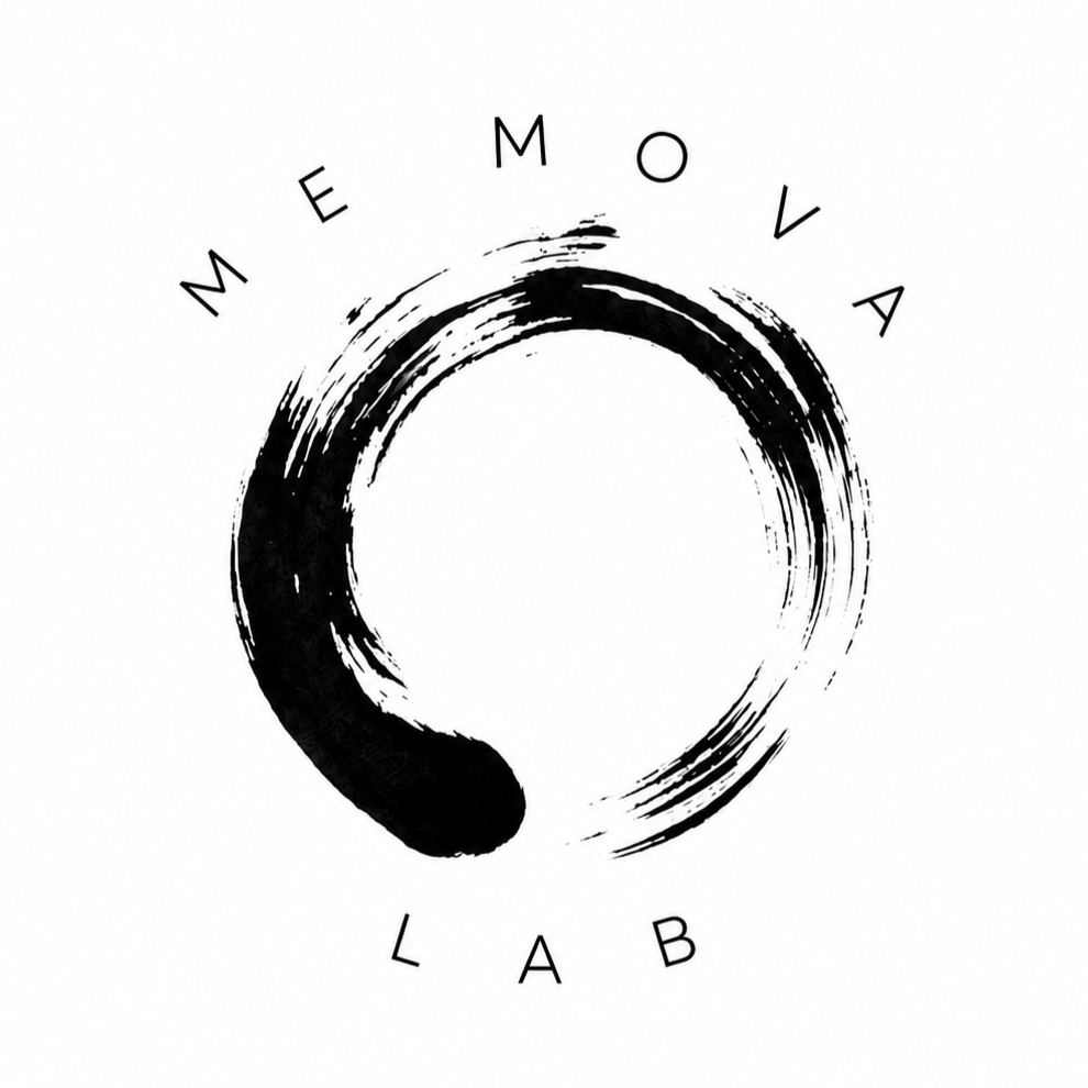 Black ink brushstroke circle with the words "MEE MOVA LAB" arranged around it in a circular pattern.
