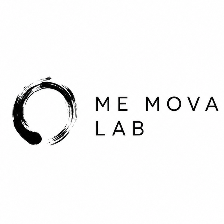 A logo with a black ink brush circle and the text 'ME MOVA LAB' in black
