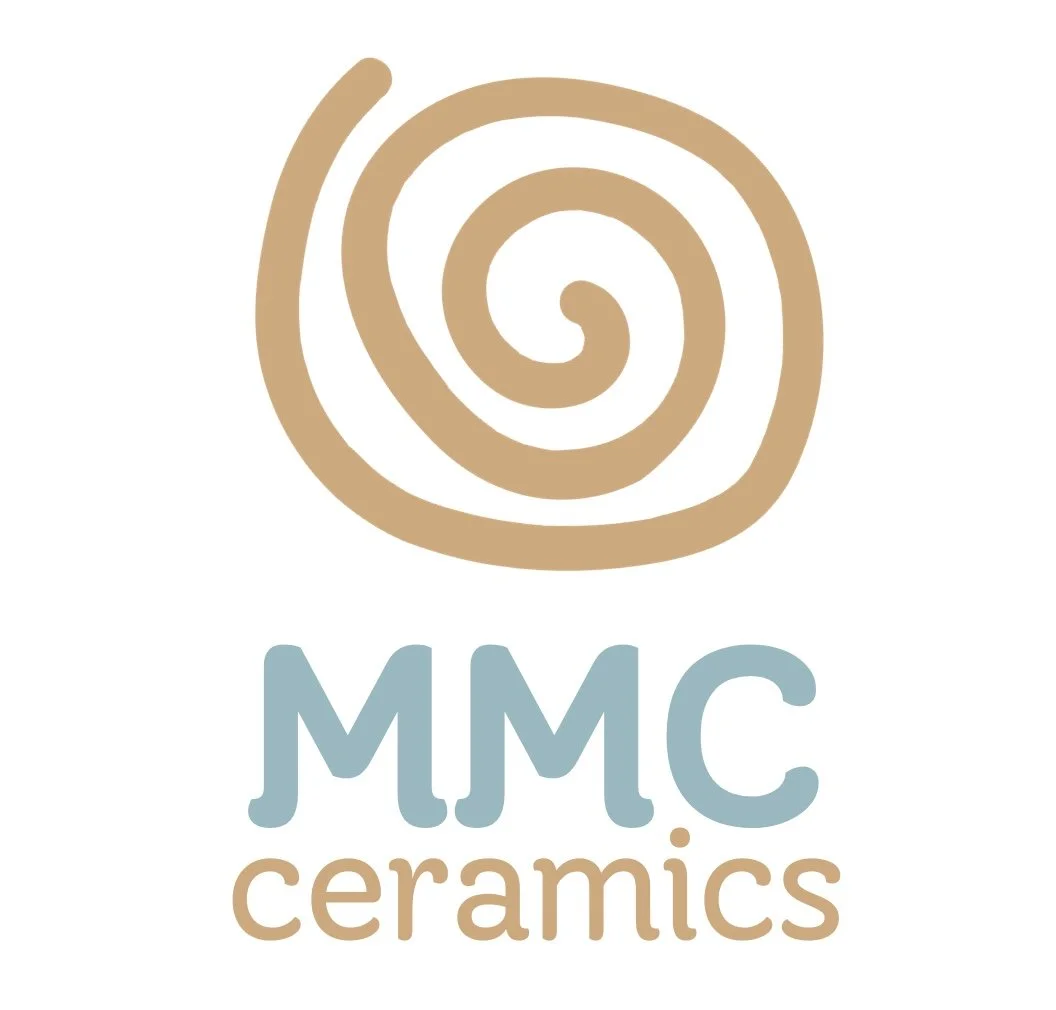 Logo for MMC Ceramics featuring a stylized spiral design above the text 'MMC ceramics' in light blue and beige colors.