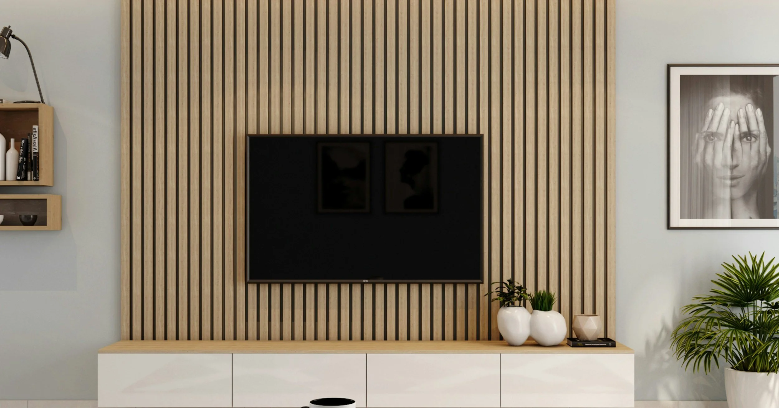 Living room with a wooden slat wall, mounted flat-screen TV, framed black-and-white portrait, and decorative plants in white vases.