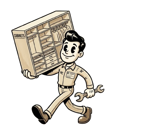 Cartoon man in work uniform carrying a cabinet in one hand and a wrench in the other, smiling.
