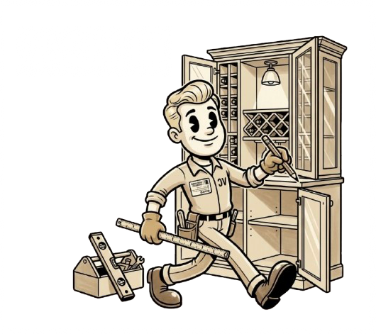 Cartoon of a smiling man in work overalls holding a paintbrush and laying down a wooden plank in front of a wooden cabinet with open doors and shelves, with tools and a toolbox on the floor.