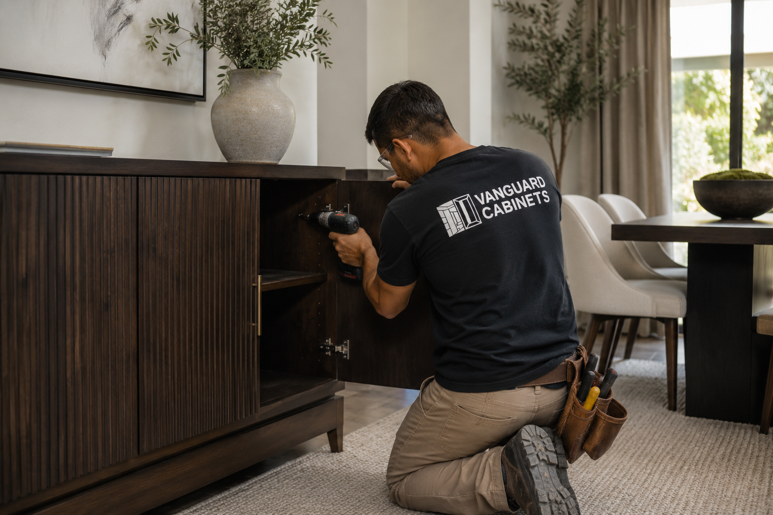 Vanguard Cabinets professional assembling and installing a modern wood cabinet in a residential dining area.
