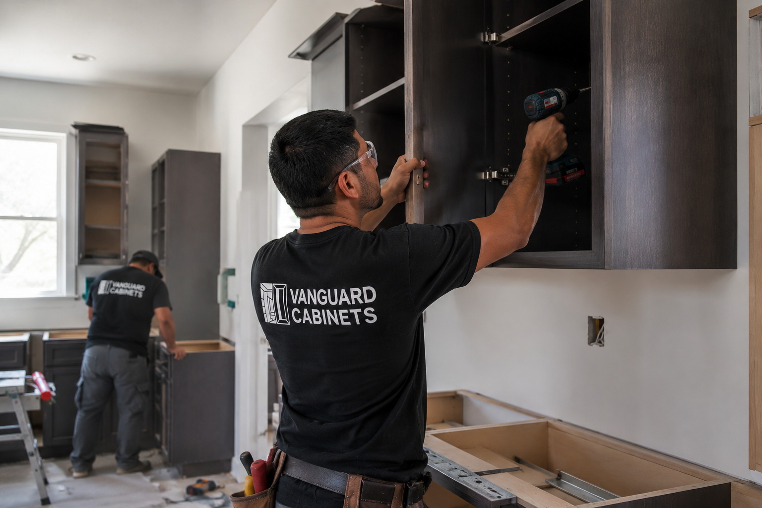 Vanguard Cabinets professionals installing custom kitchen cabinetry as part of a residential cabinet subcontracting project.