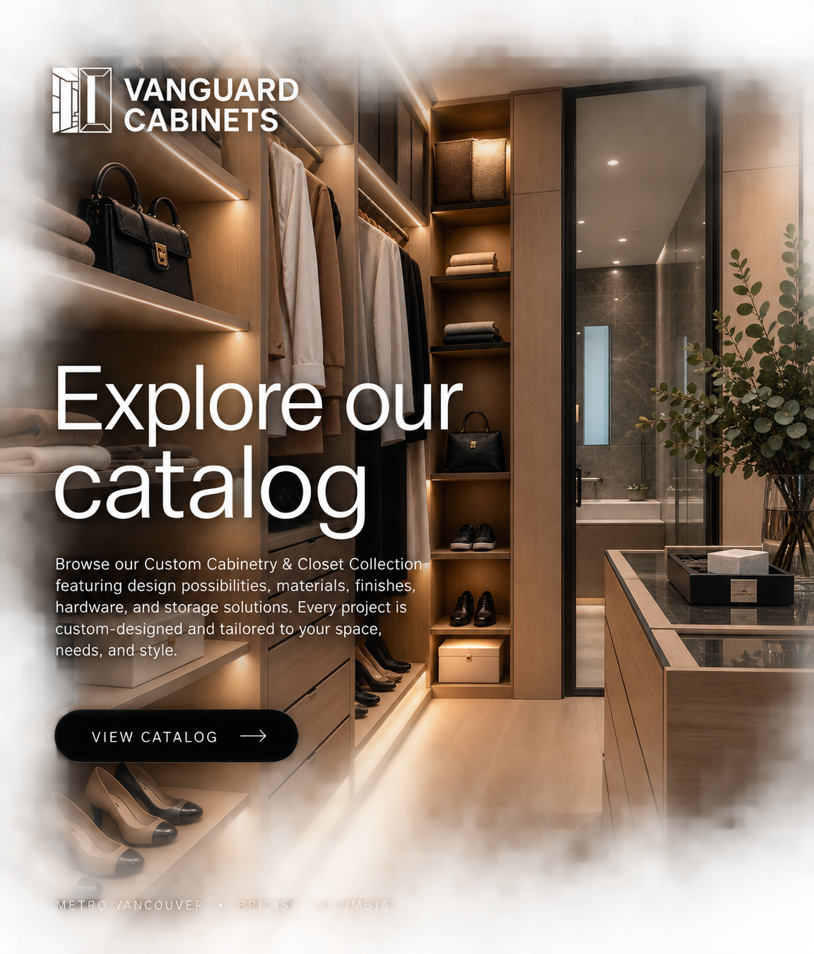 Vanguard Cabinets custom cabinetry and closet catalog featuring a modern walk-in closet with warm wood finishes and integrated lighting.