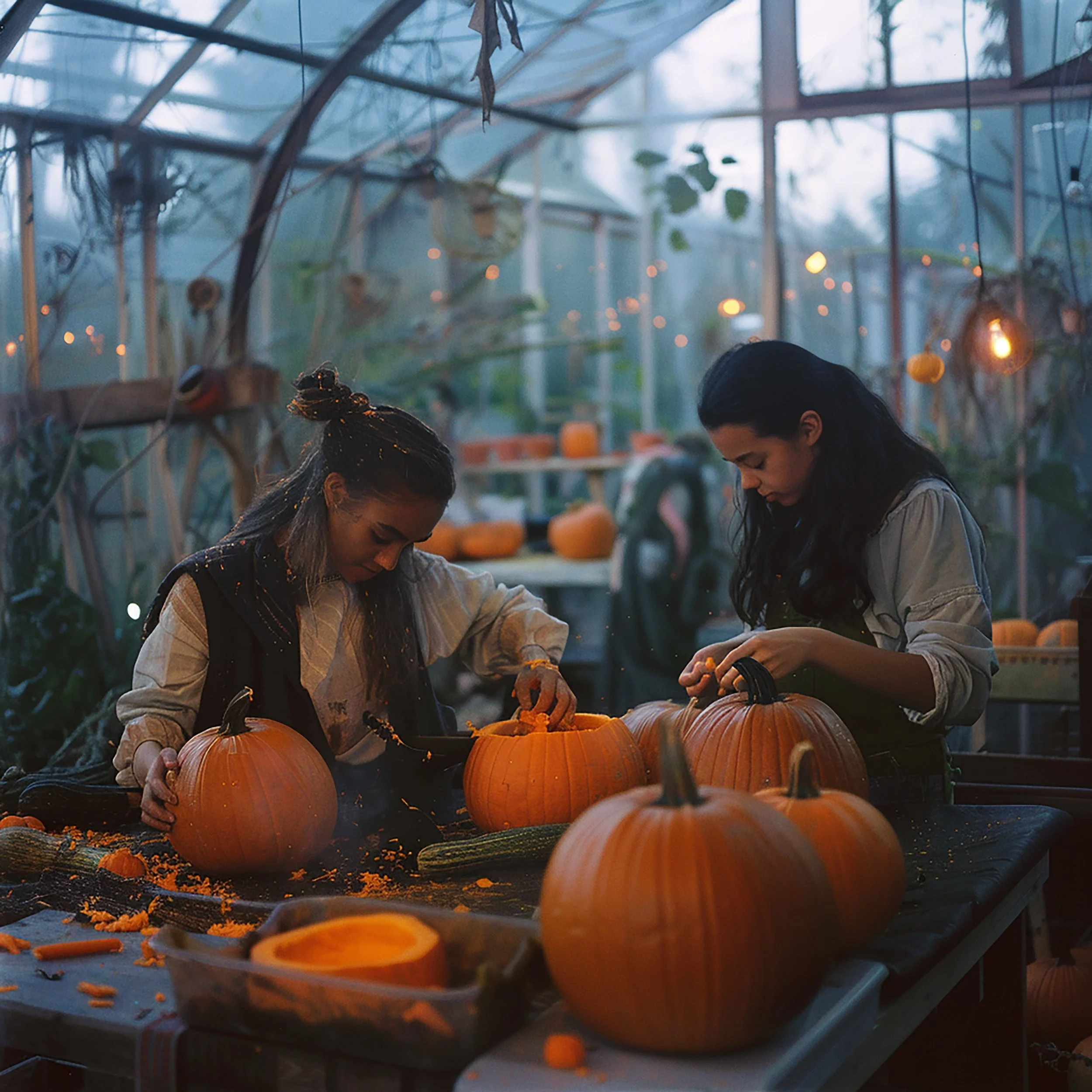 Two women preparing pumpkins in a greenhouse with autumn decorations and string lights, surrounded by pumpkin pulp and a pumpkin carving tool.