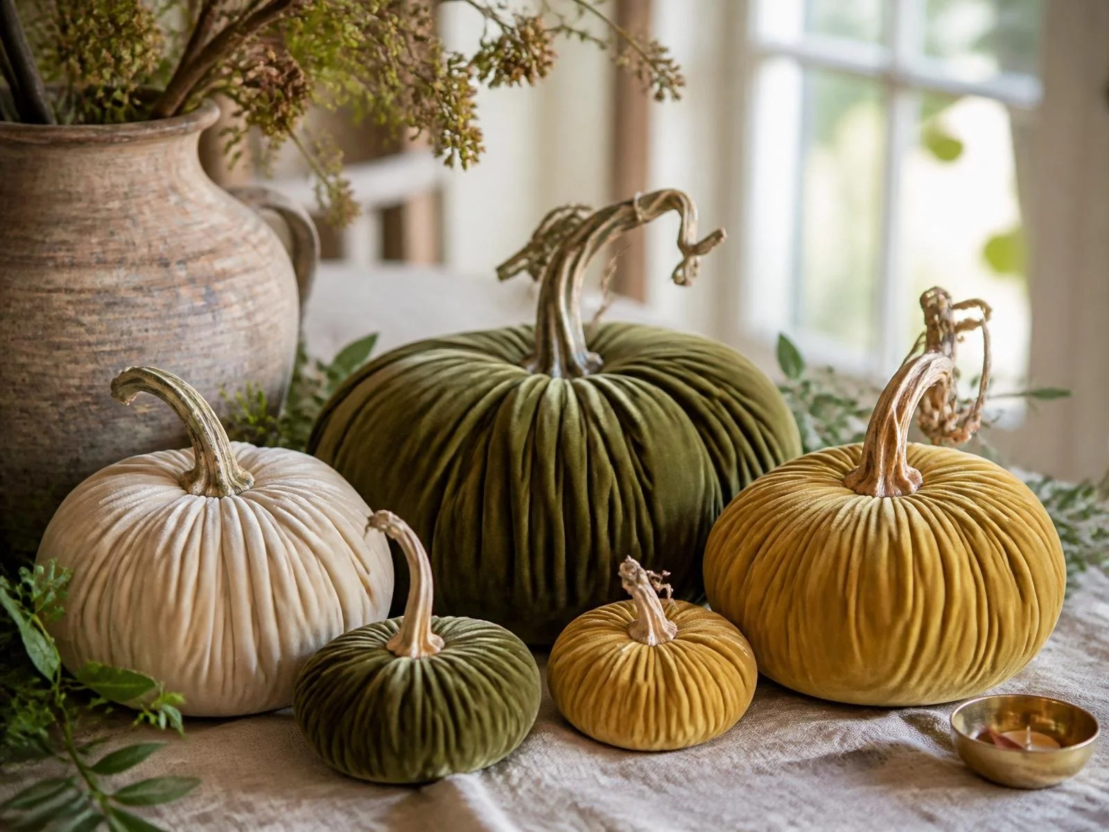 A collection of velvet pumpkins in various sizes and colors, including cream, green, and yellow, arranged on a table with greenery and a rustic vase in the background.
