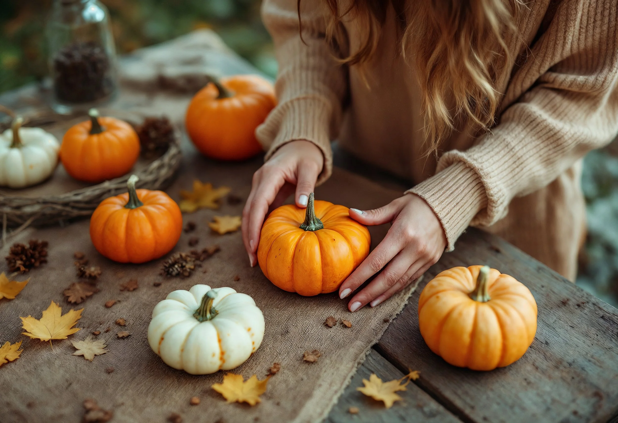 A person with wavy red hair wearing a cream-colored sweater arranging small orange and white pumpkins on a rustic wooden table. The table is decorated with scattered dried leaves and pinecones. The background is blurred with greenery.