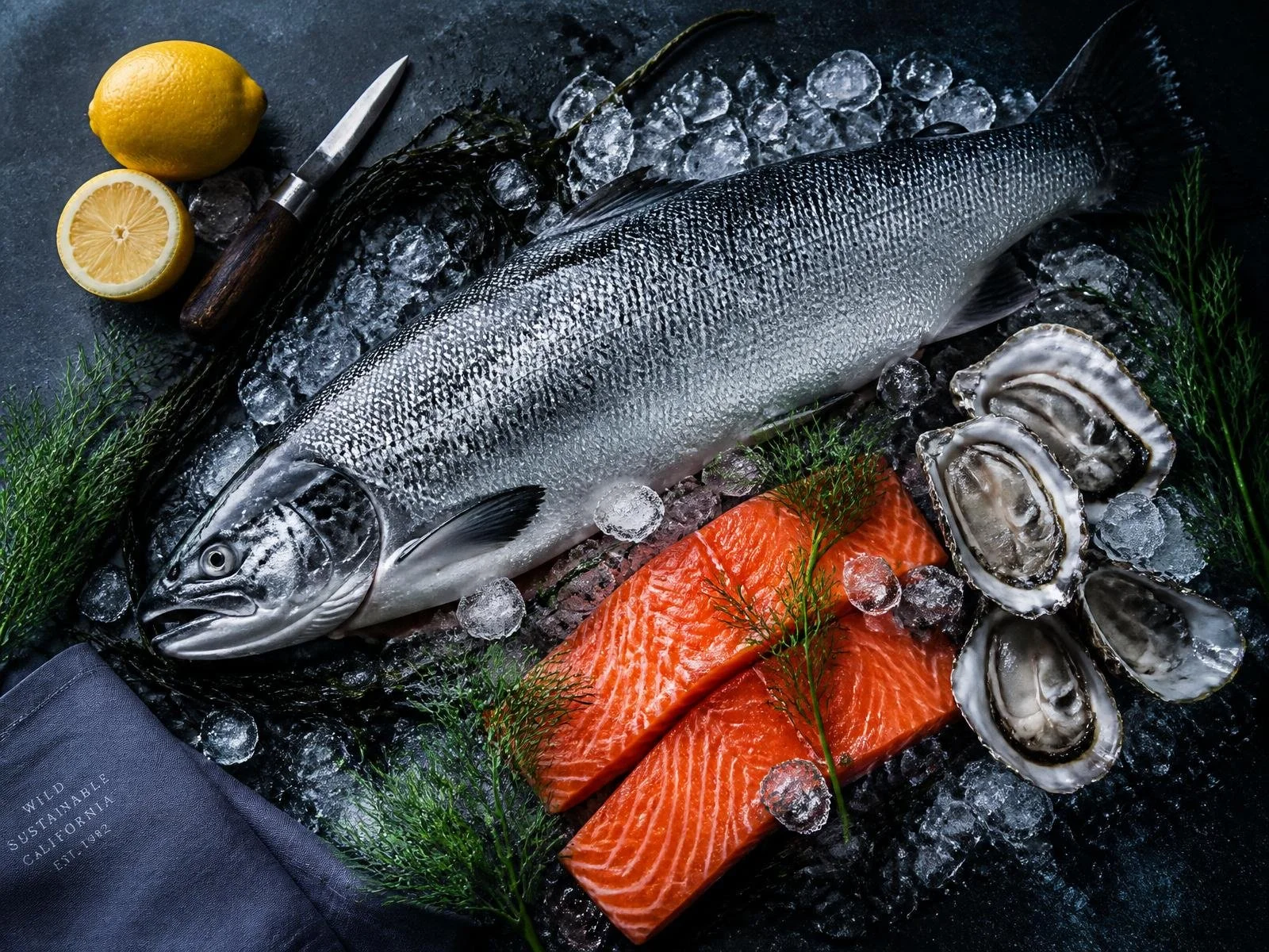 Fresh fish, salmon, oysters, lemon, and herbs on ice, with a knife nearby.