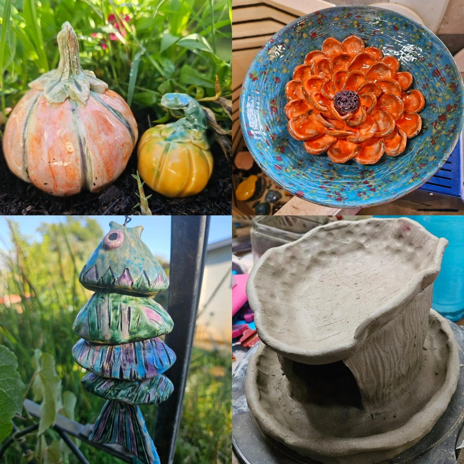 Four images of ceramic pieces in a box shape. The top left is 2 pumpkin shakers, the top right is a orange ceramic flower inside a bright speckled blue bird bath. The bottom left is a fish wind chimes hangiing and the last is a bird house