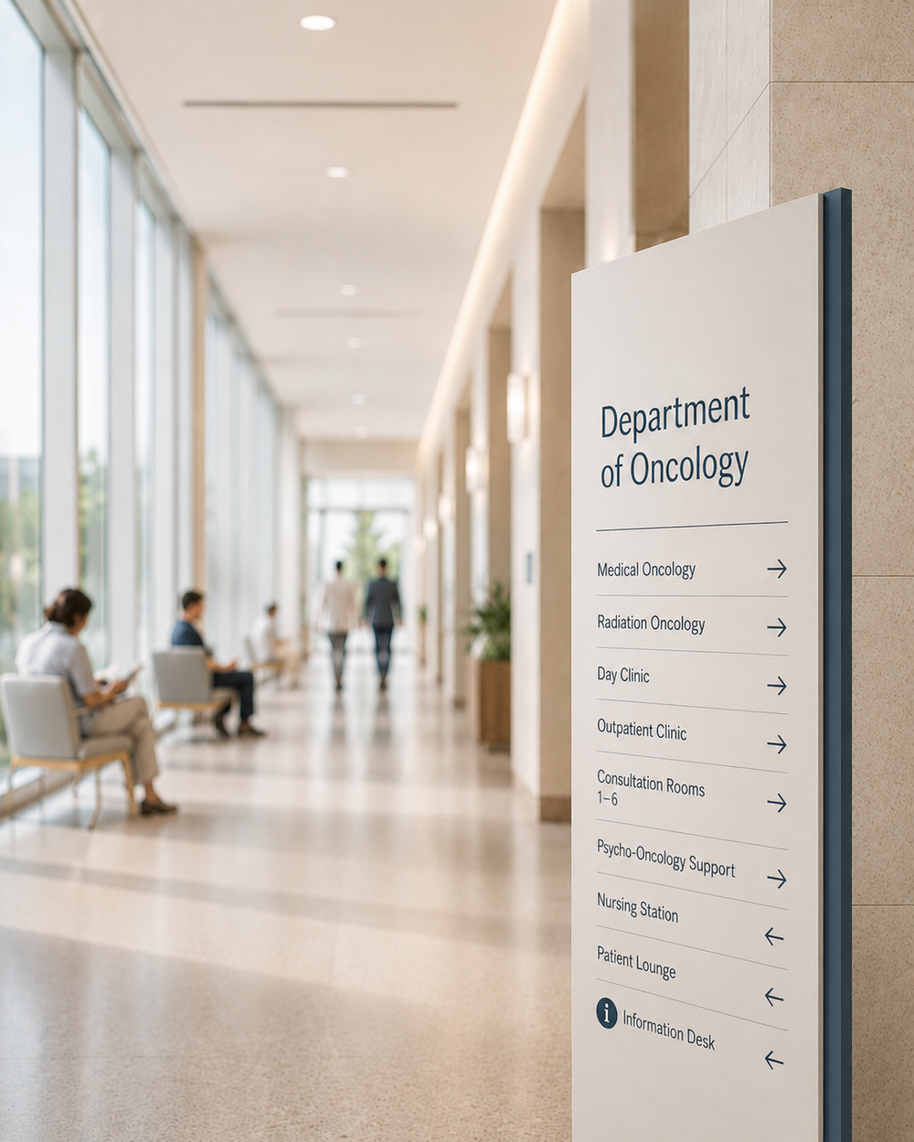 Bright hospital corridor with a signpost to oncology