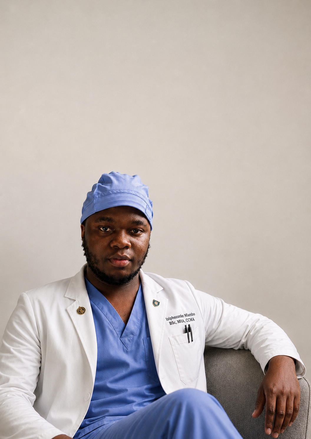 A male healthcare professional wearing a blue surgical cap, blue scrubs, and a white lab coat sitting on a chair against a plain light-colored wall.