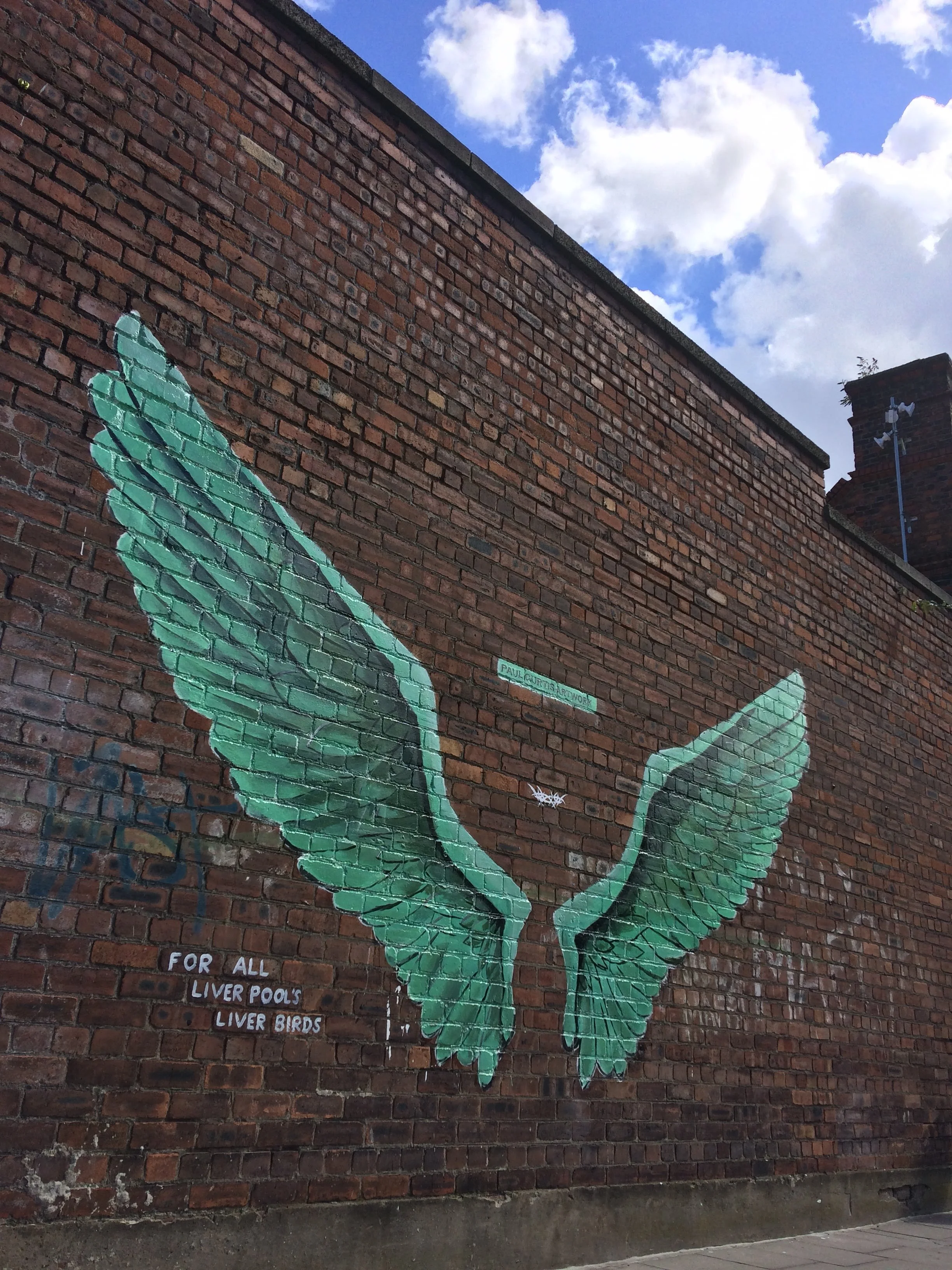 Brick wall and blue sky. Green wings painted on the brick wall.