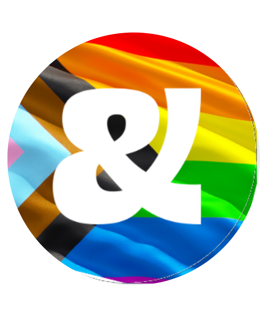 LGBTQIA+ coloured flag background with white ampersand overlaid.