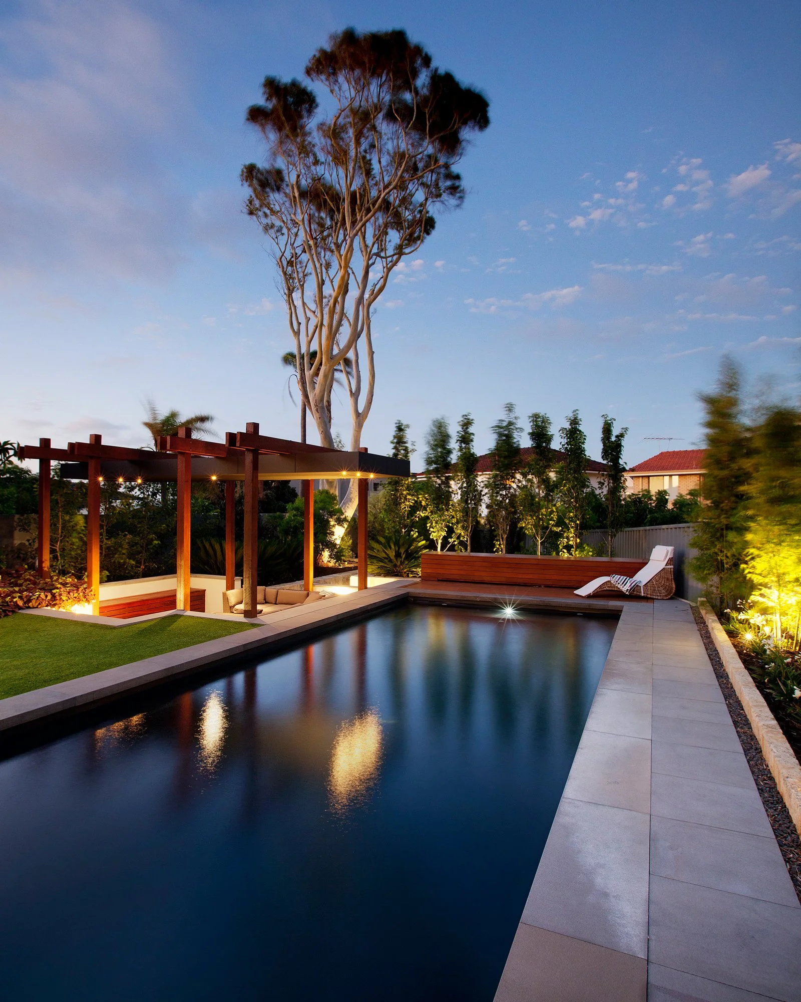 A deep blue coloured pool set in-ground in front of a tall gum tree