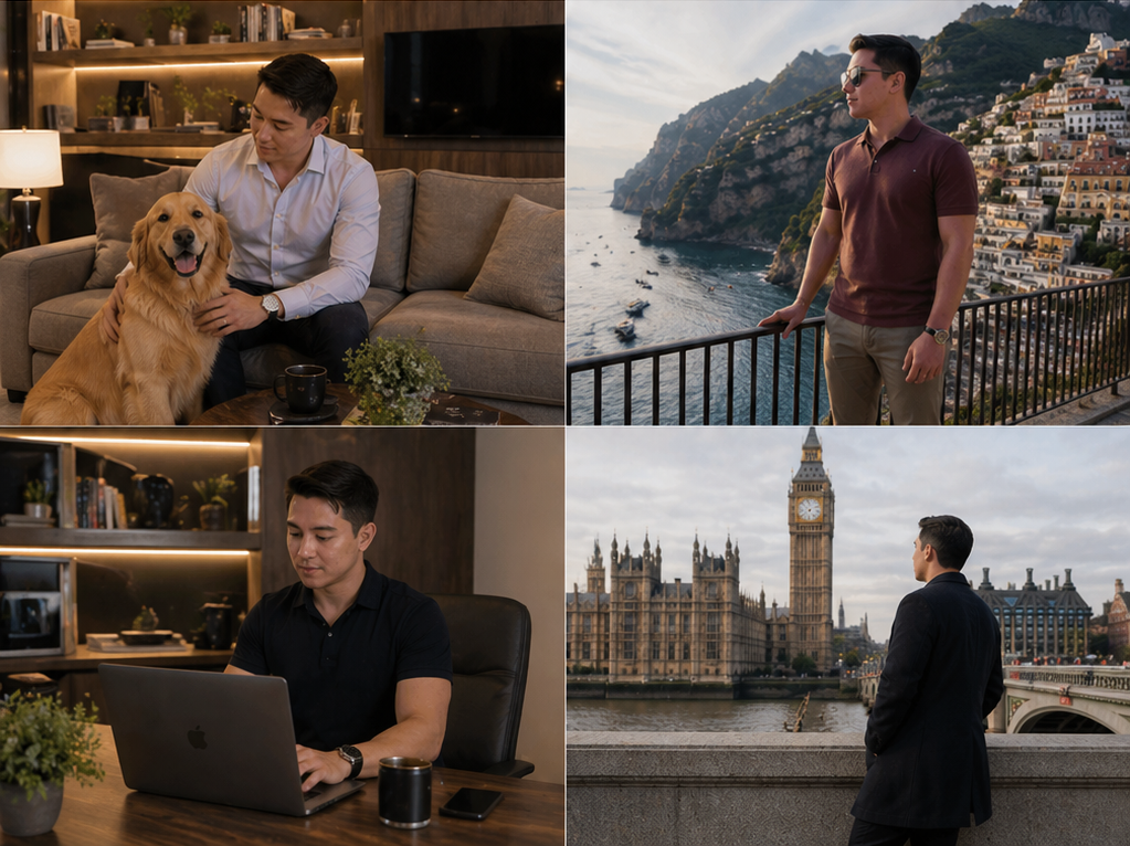 A collage of four images of a young man. The top left shows him sitting on a beige sofa inside a cozy room, petting a golden retriever. The top right shows him standing on a balcony overlooking a coastal town and sea, wearing sunglasses and a maroon polo shirt. The bottom left shows him working on a laptop in a dimly lit room with bookshelves. The bottom right shows him in a dark coat, standing by a bridge over the river Thames with Big Ben and the Houses of Parliament in the background.