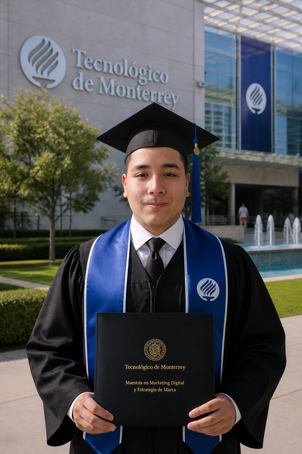 A young man in graduation gown and cap holding a diploma in front of Tecnológico de Monterrey campus, with the university sign and fountain in the background.