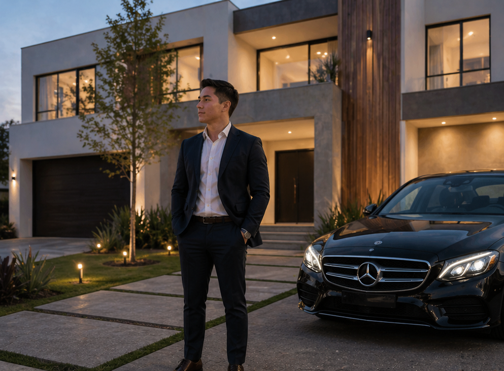 A young man in a business suit standing outside a modern house with a black Mercedes-Benz parked nearby during the evening.