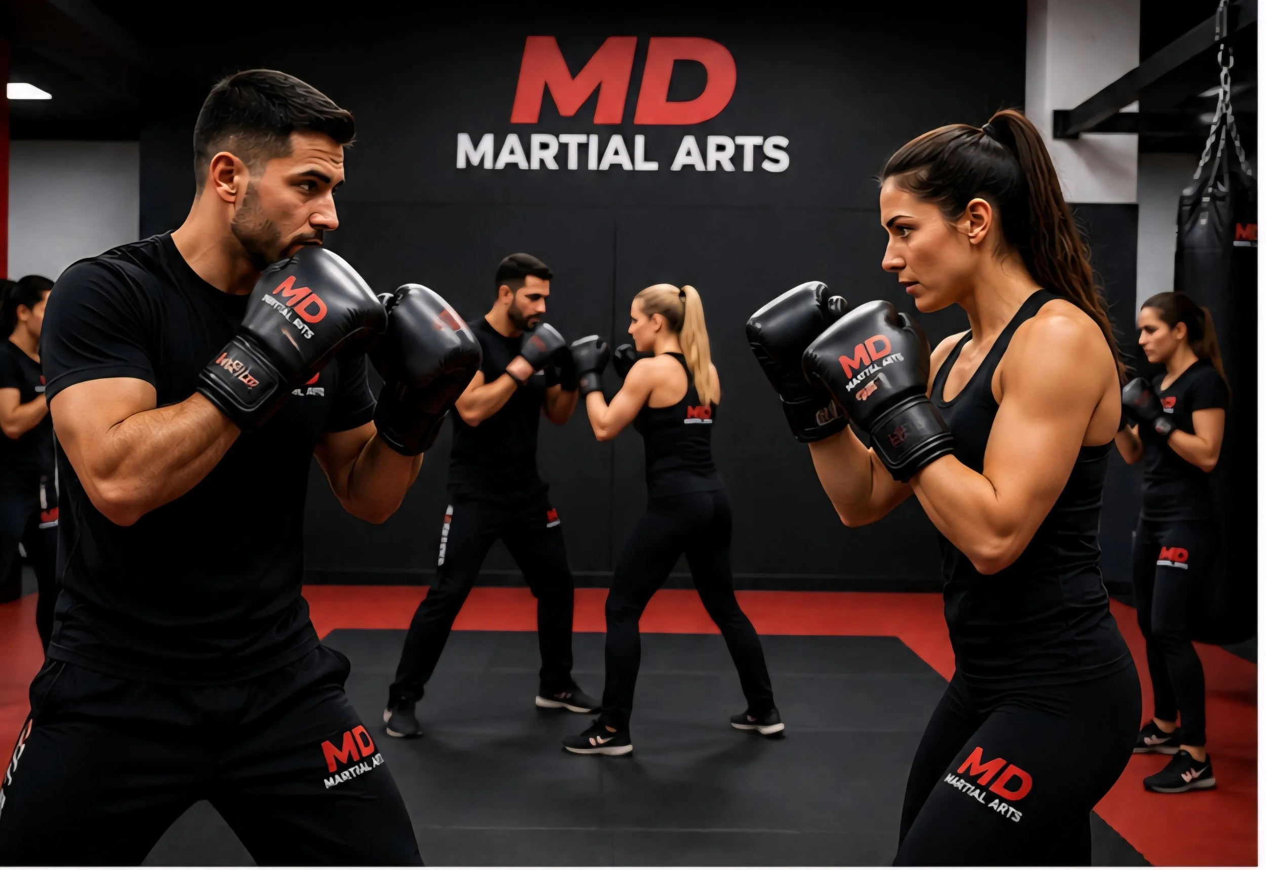 Two men practicing boxing with focus mitts in a gym. The left man is wearing a gray shirt and black pants, with boxing gloves, and the right man is wearing a black shirt and black pants, also with boxing gloves. There are windows and artwork, including a tiger banner, on the walls.