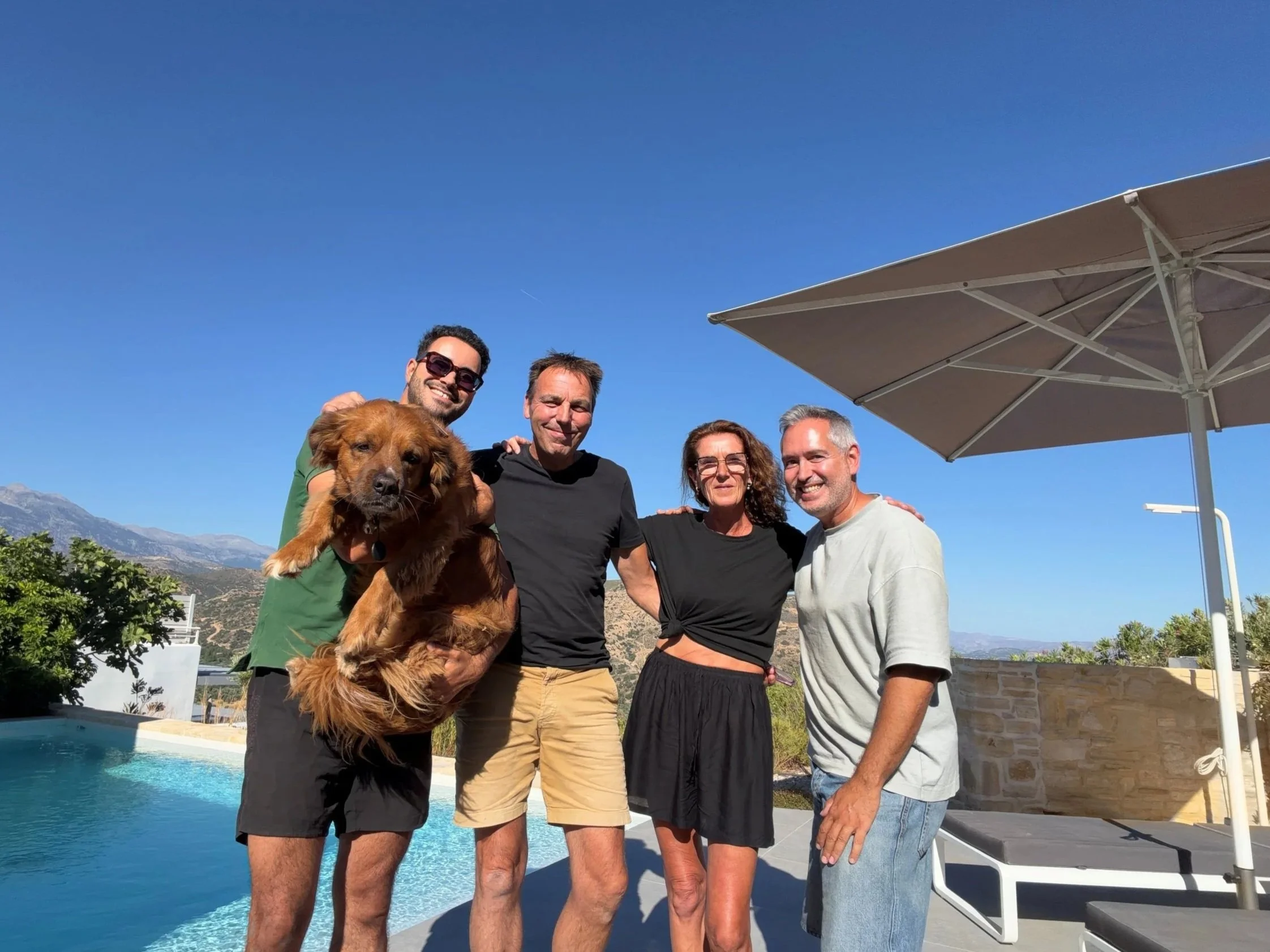 Group picture with Erik and Julia, owners of the adults-only holiday resort Galini Breeze, with Serhat and Hamza of The Grove Crete.