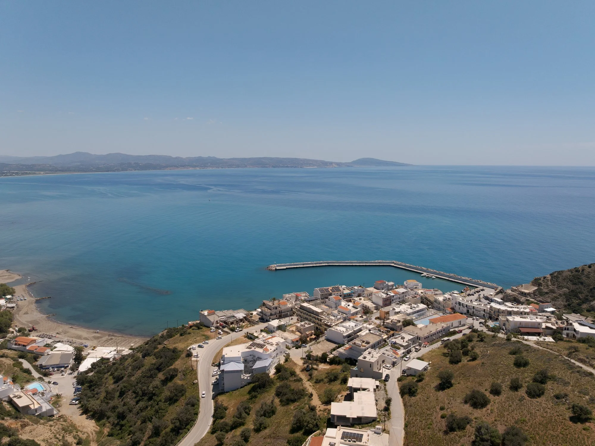 Elevated coastal landscape view above Agia Galini and the Libyan Sea.