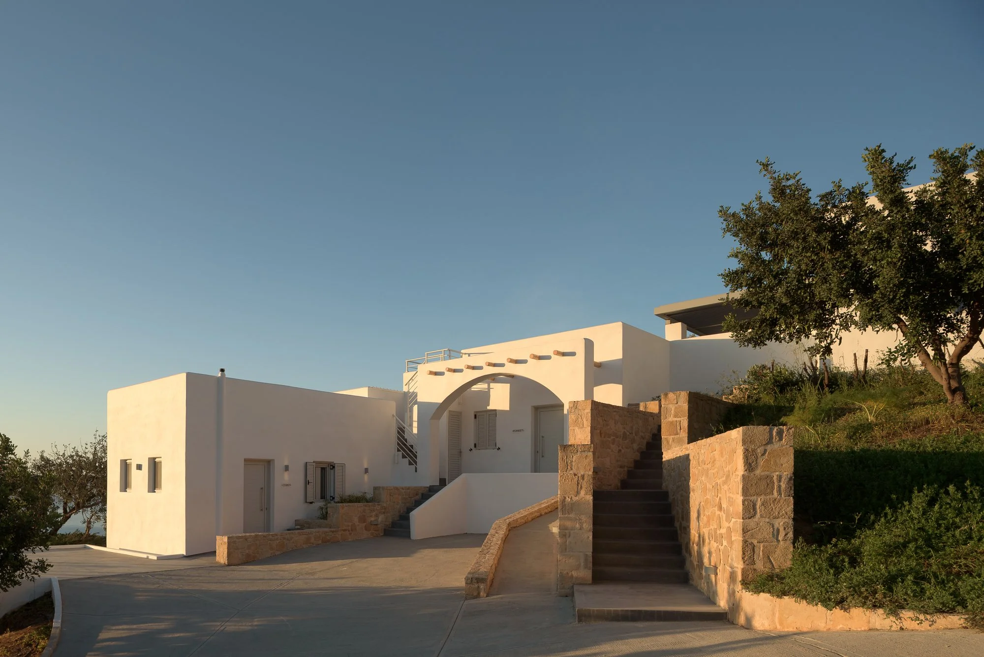White hillside studio architecture at Galini Breeze adults-only resort surrounded by olive trees near the coast of Agia Galini, South Crete.