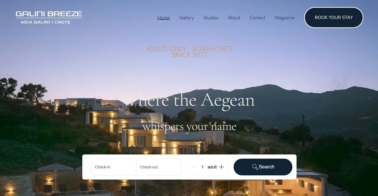 A screenshot of the newly relaunched website for the adults-only holiday resort Galini Breeze in Agia Galini, South Crete.