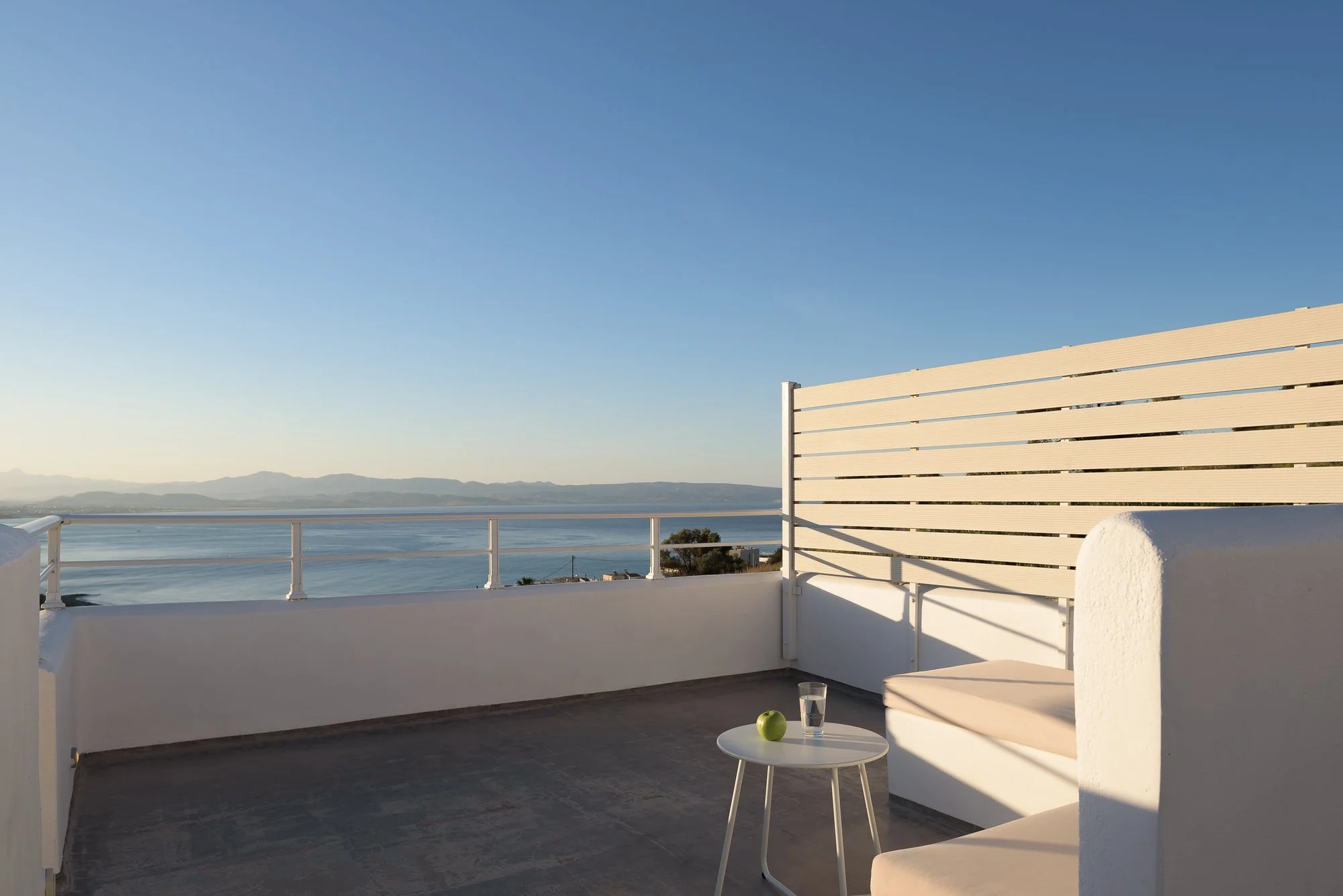 Private rooftop terrace with panoramic sea views at Galini Breeze, South Crete.