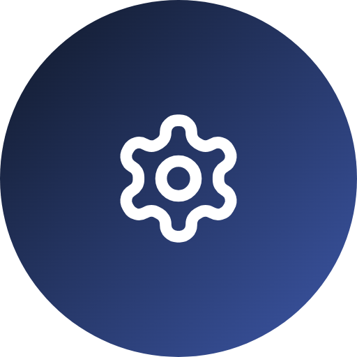 Icon of a gear or settings symbol on a dark blue circular background.