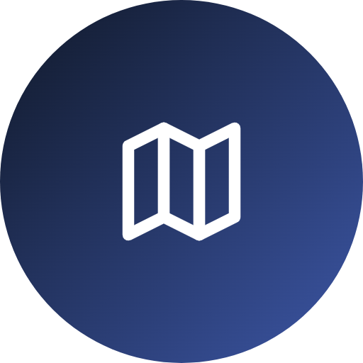 Blue circular background with a white, stylized open book or magazine icon in the center.