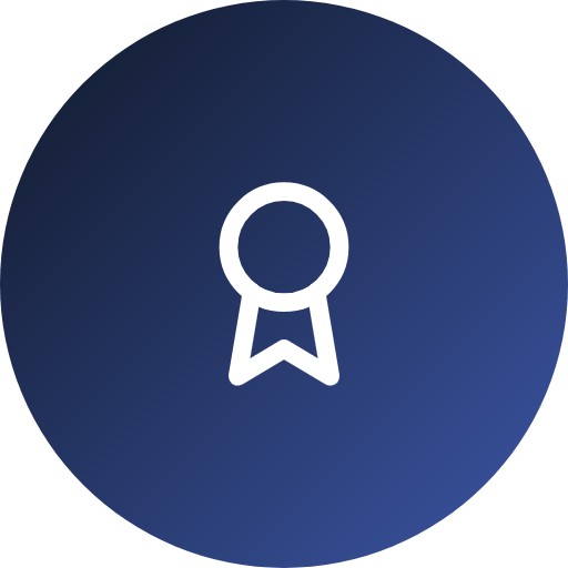 A digital icon representing a medal or award ribbon on a blue circular background.